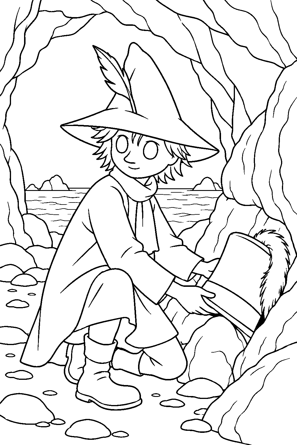 snufkin hiding the hobgoblin s hat in the seaside cave line art
