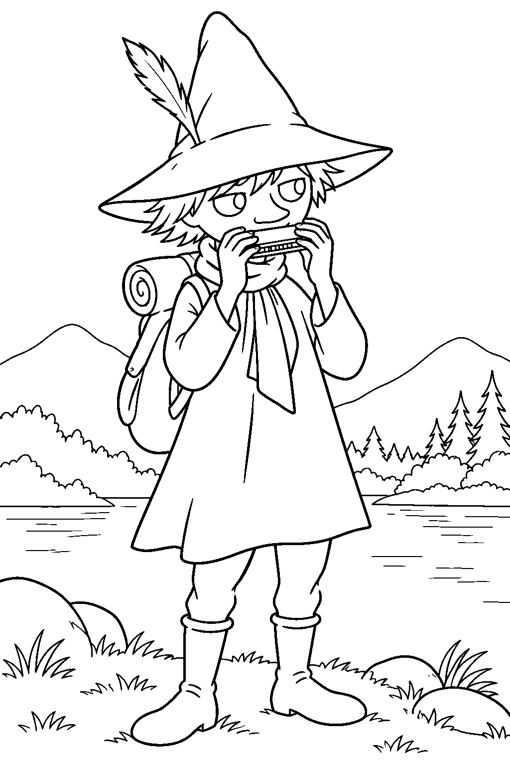 snufkin holding his harmonica beneath his feathered hat line art