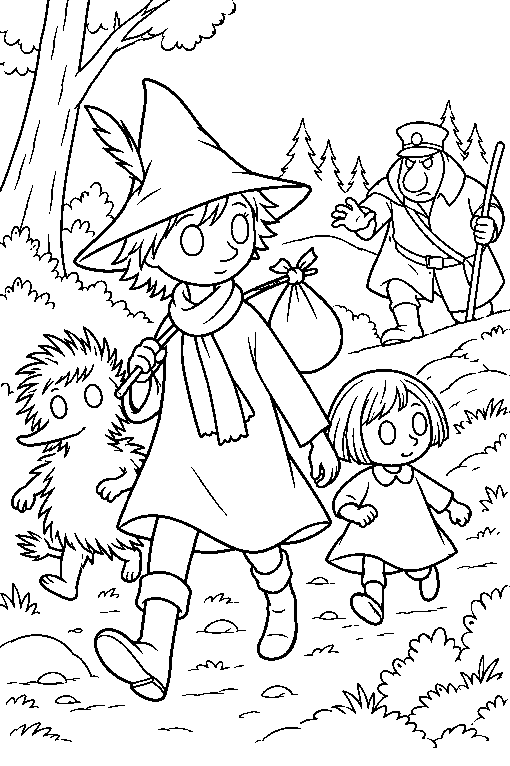 snufkin leading the forest children away from the park keeper line art