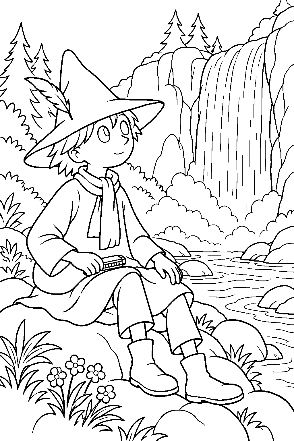 snufkin listening to a waterfall while composing his spring tune line art