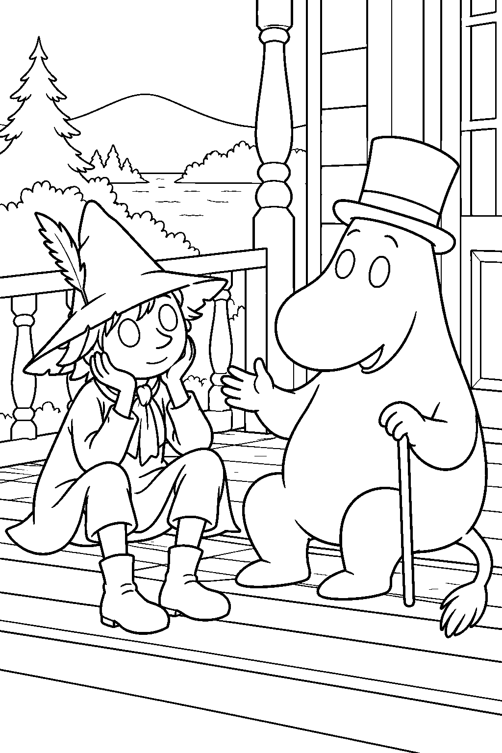 snufkin listening to moominpappa s childhood adventures on the veranda line art