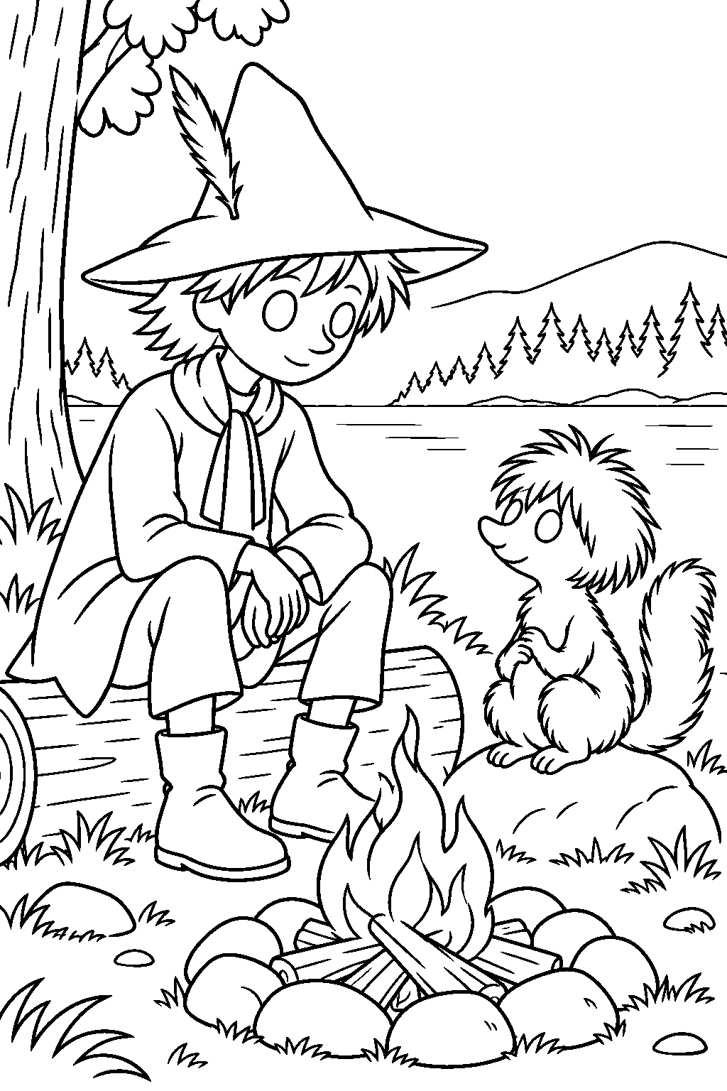 snufkin meeting teety woo beside his campfire line art