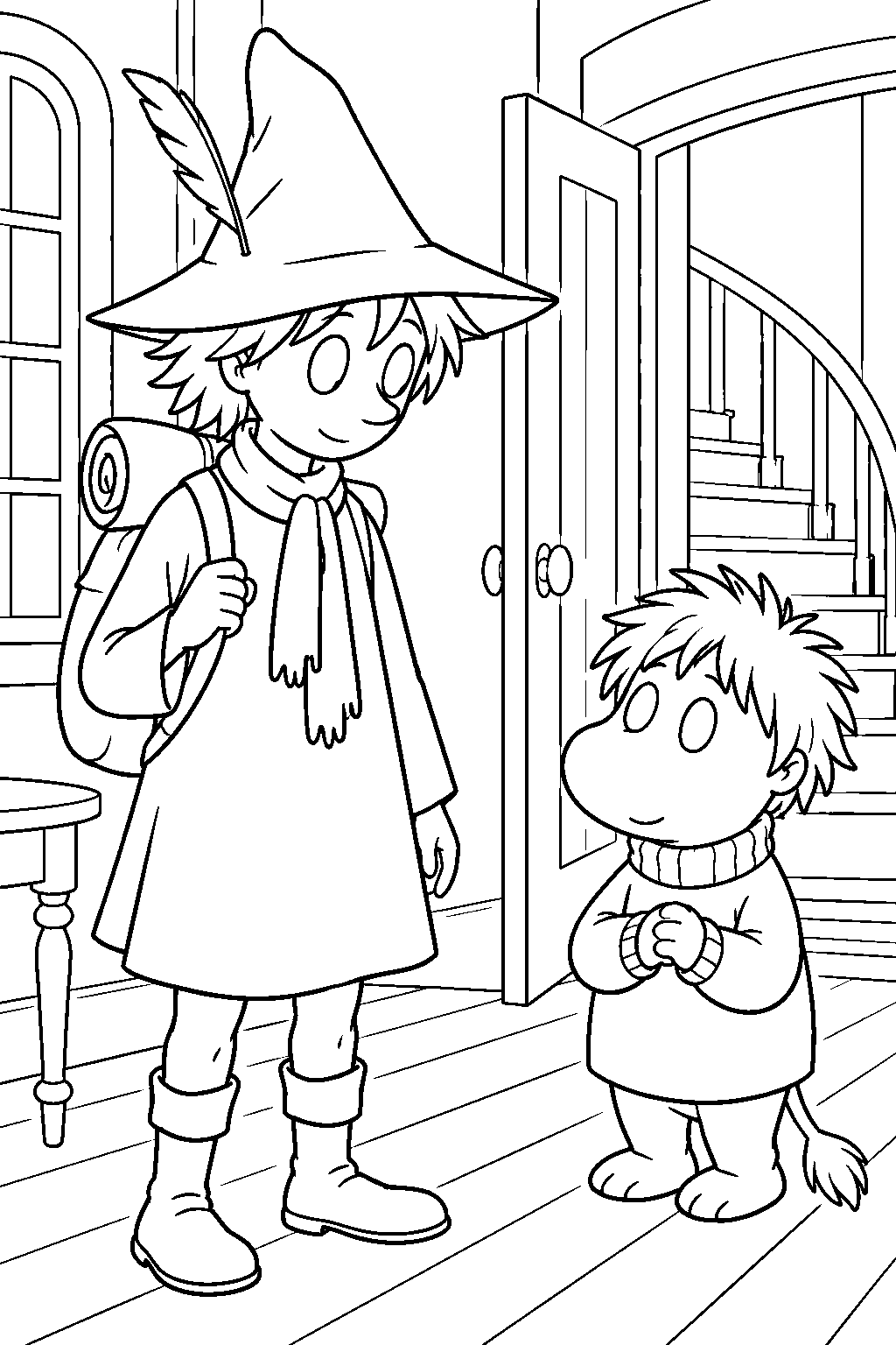 snufkin meeting toft at the empty moominhouse line art