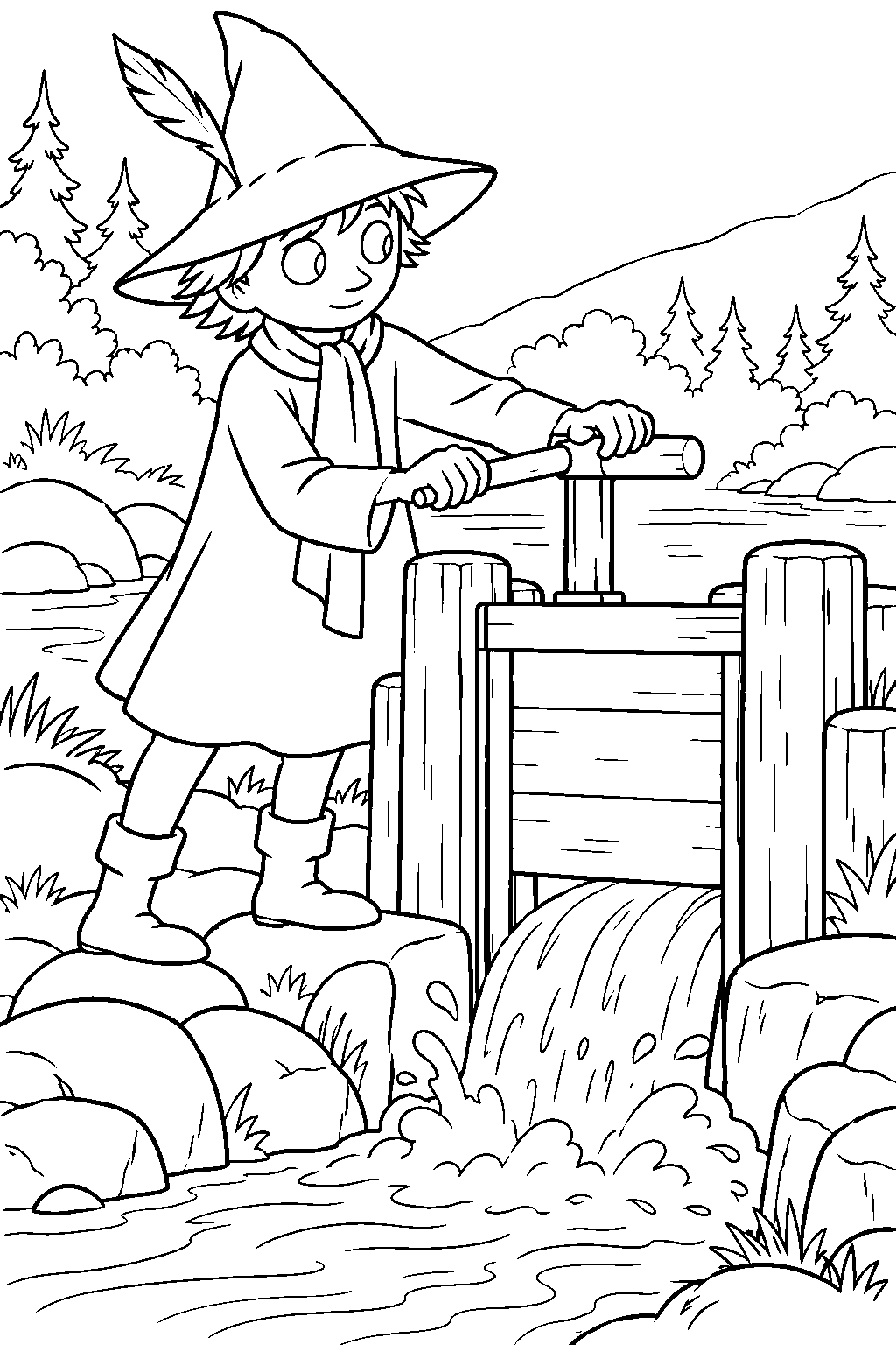 snufkin opening the dam to let the river flow again line art