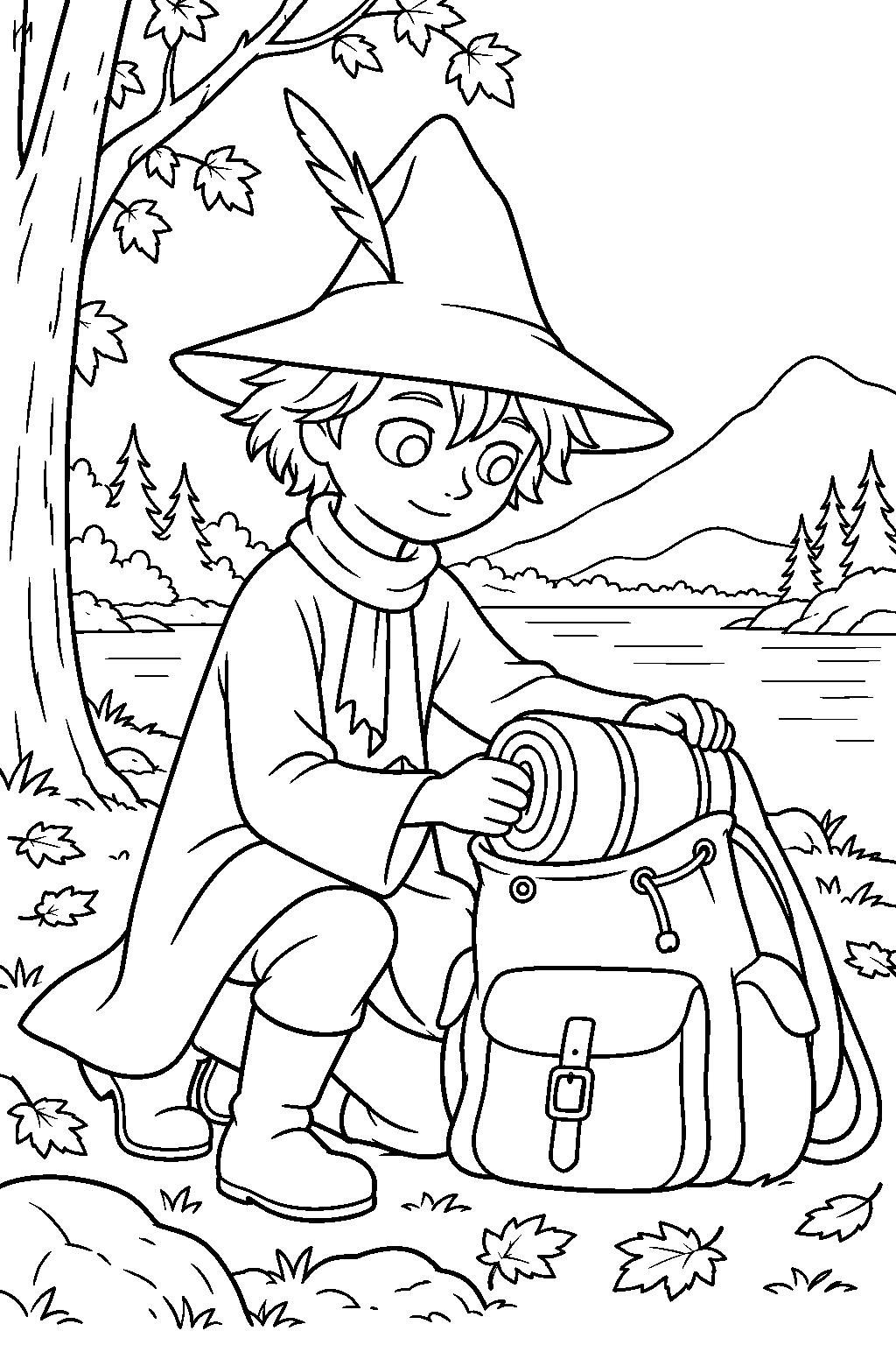 snufkin packing his backpack for his autumn journey line art