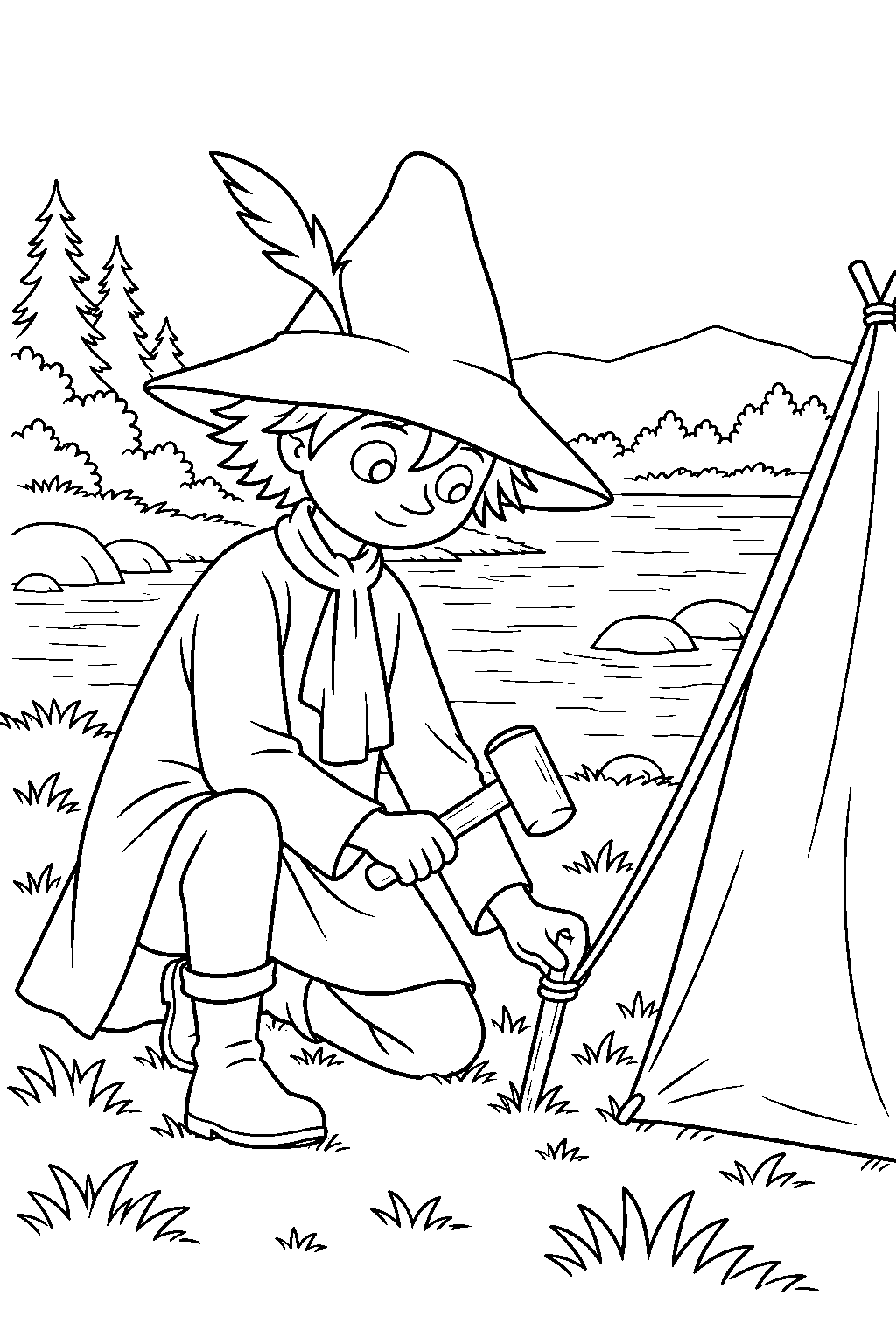 snufkin pitching his tent beside the river line art