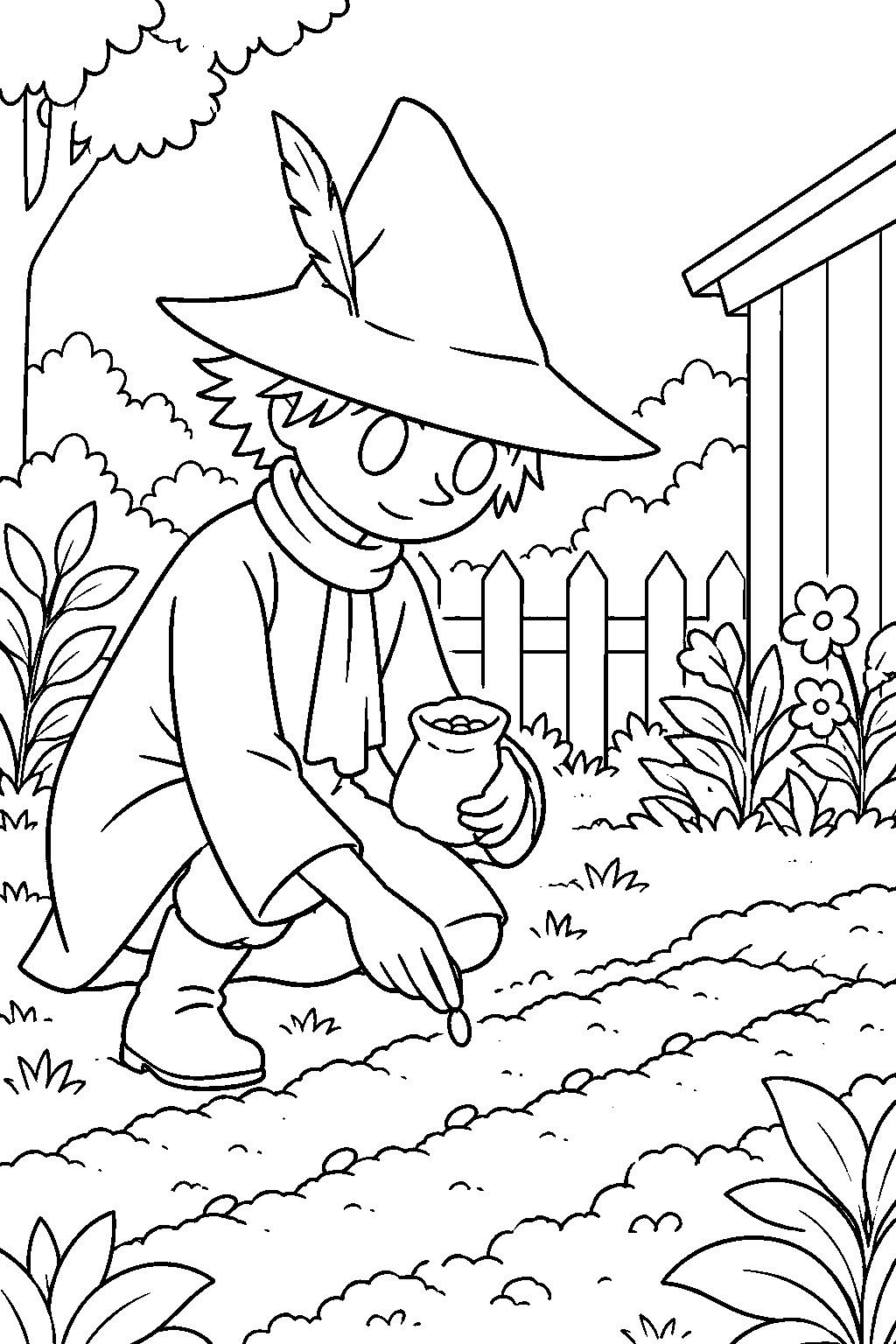 snufkin planting hattifattener seeds in the park keeper s garden line art