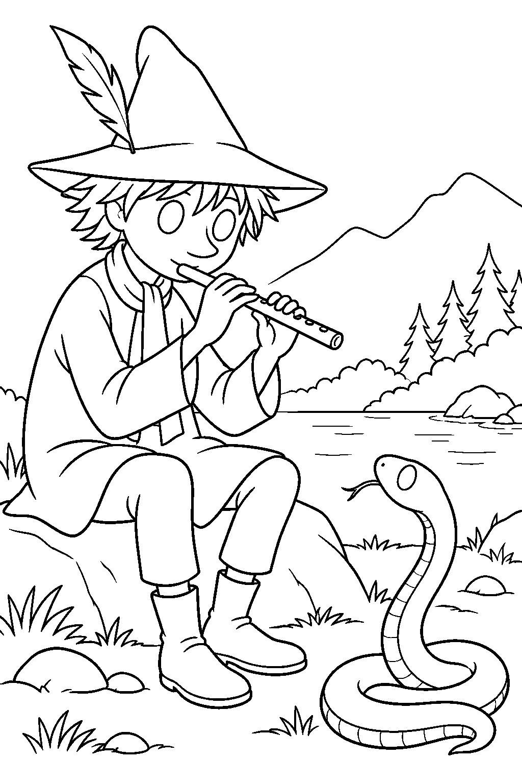 snufkin playing his flute to calm a snake line art