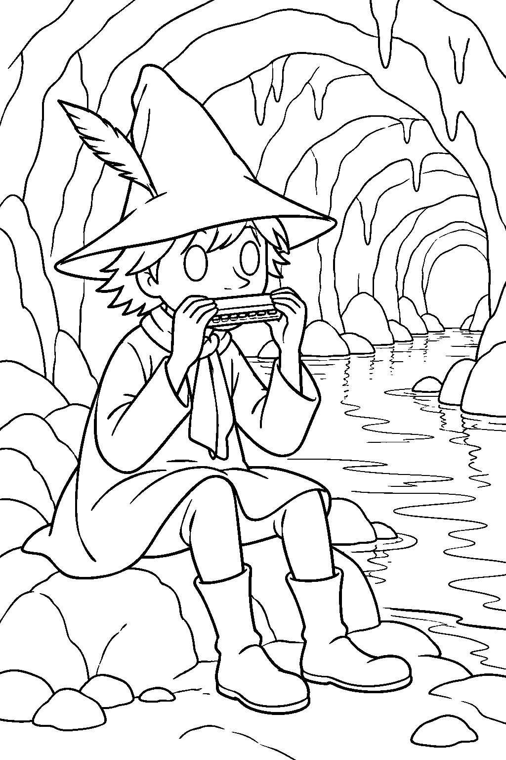 snufkin playing his harmonica inside the underground river tunnel line art