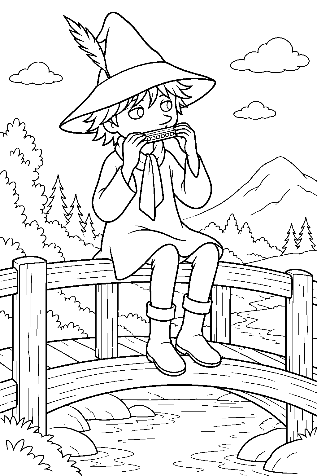 snufkin playing his harmonica on the moominvalley bridge line art