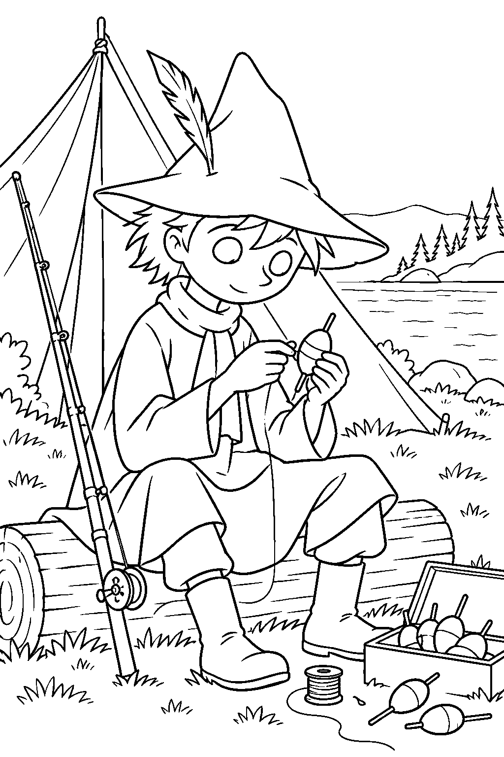 snufkin preparing fishing bobbers outside his tent line art