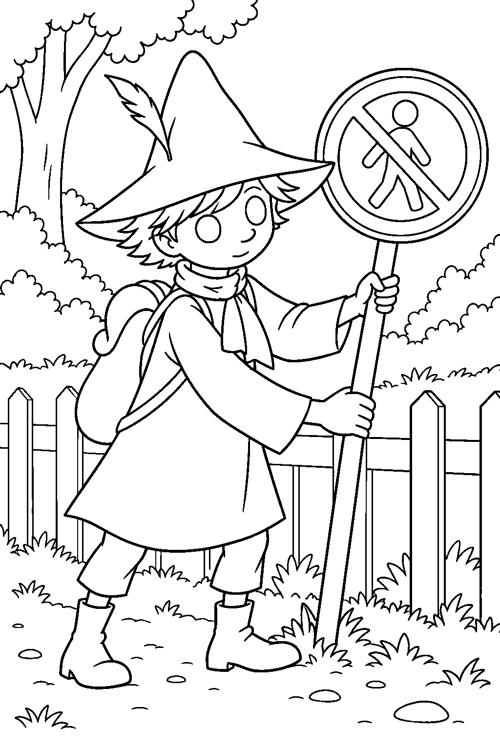 snufkin pulling out a forbidden sign beside the park fence line art
