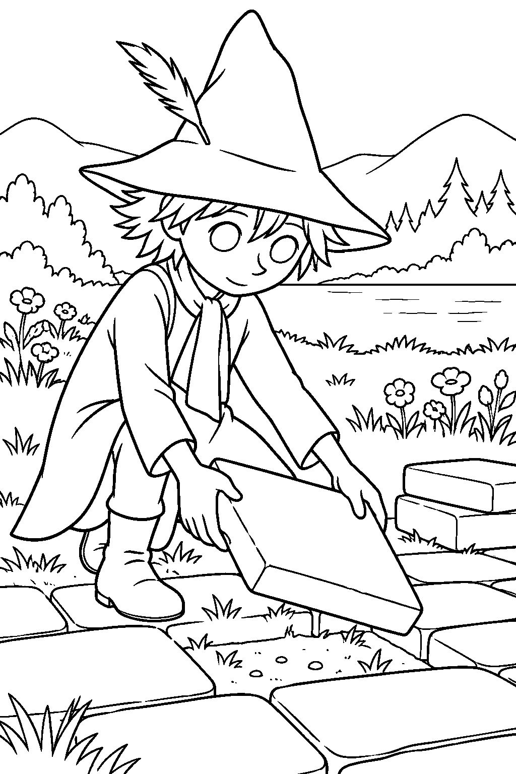 snufkin removing paving stones to restore the meadow line art