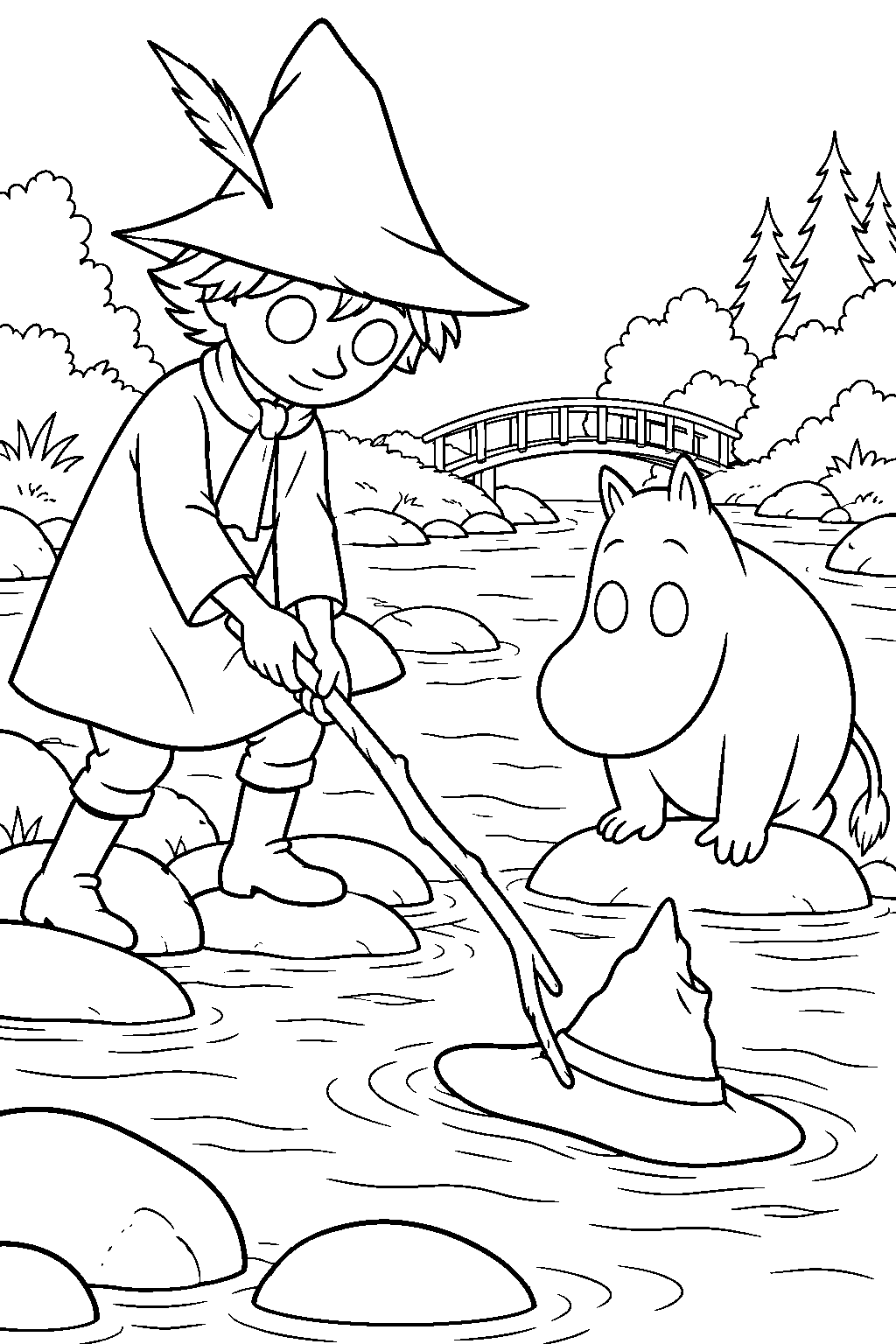 snufkin retrieving the hobgoblin s hat from the river with moomintroll line art