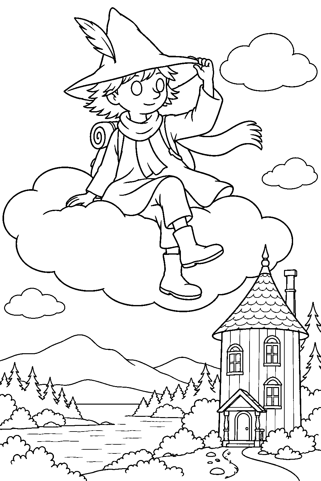 snufkin riding a magic cloud above moominhouse line art
