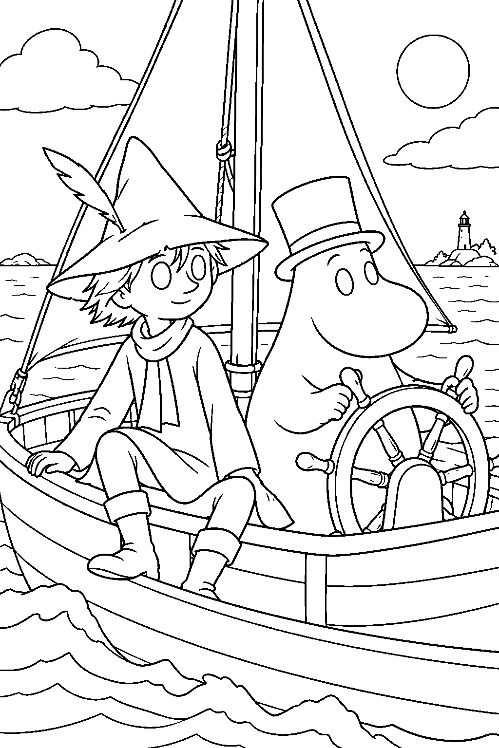 snufkin sailing aboard the adventure with moominpappa line art