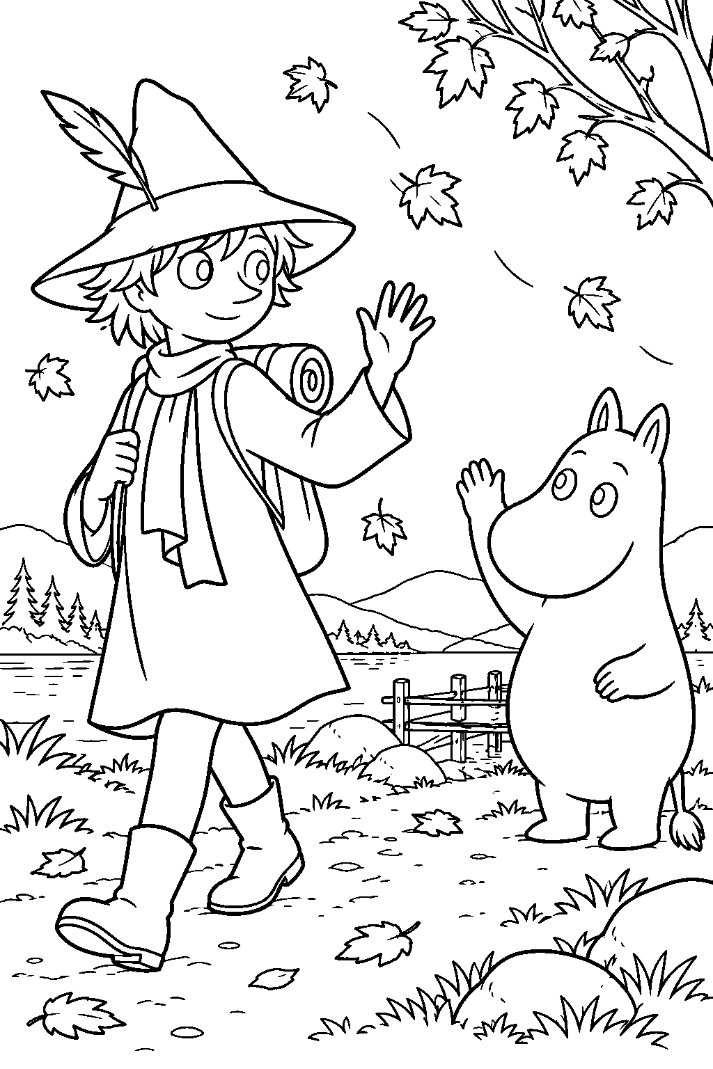 snufkin saying goodbye to moomintroll as autumn leaves fall line art