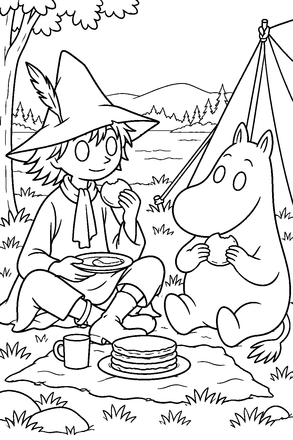 snufkin sharing a pancake picnic with moomintroll beside his tent line art