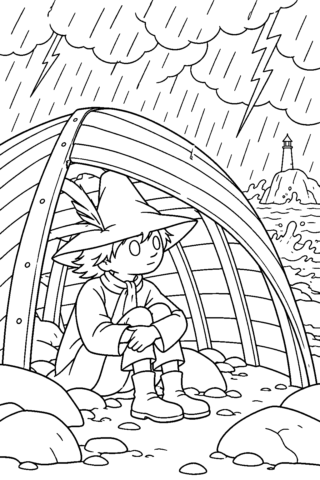 snufkin sheltering beneath the overturned boat during the island thunderstorm line art