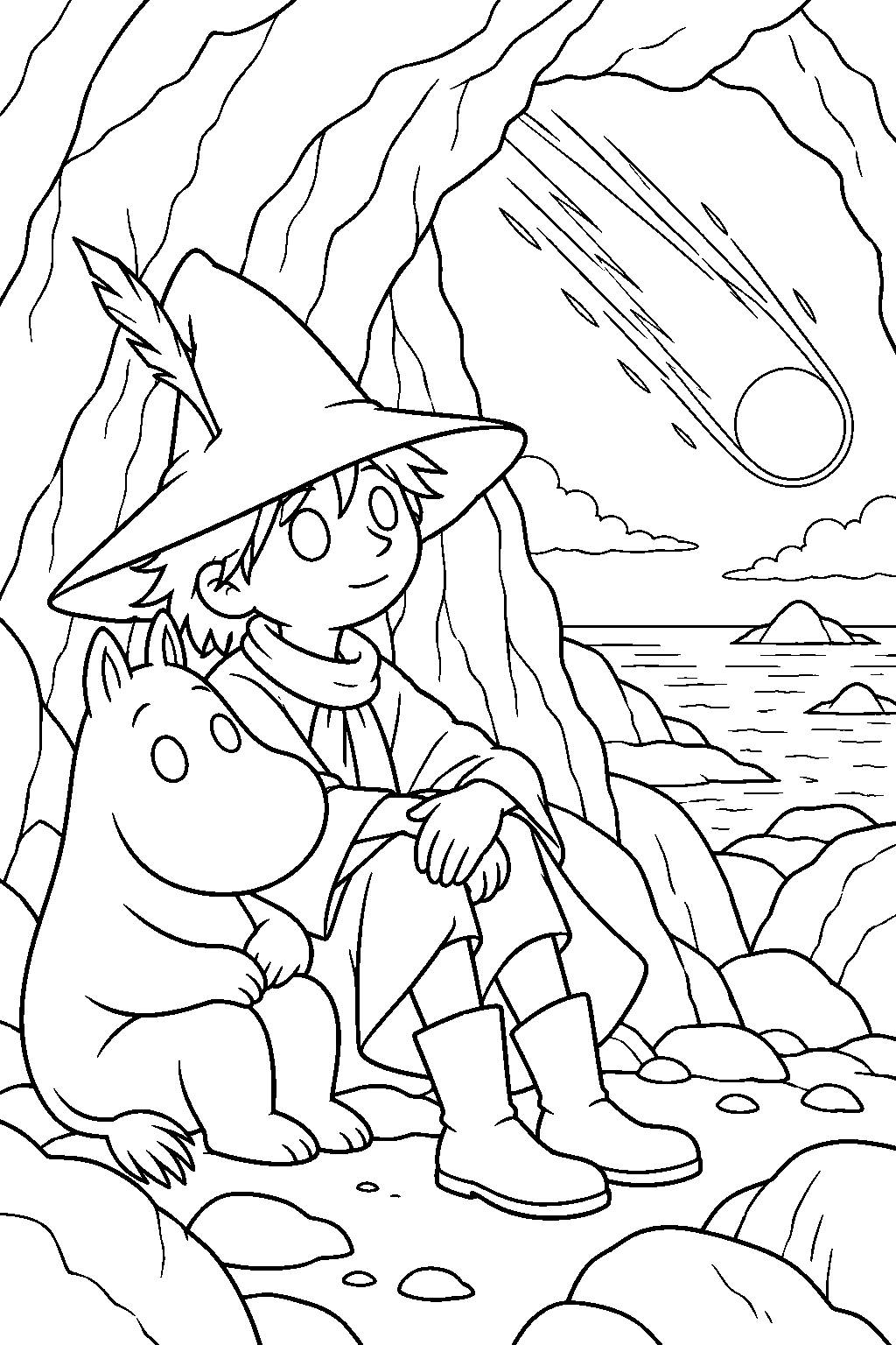 snufkin sheltering from the comet in the seaside cave line art