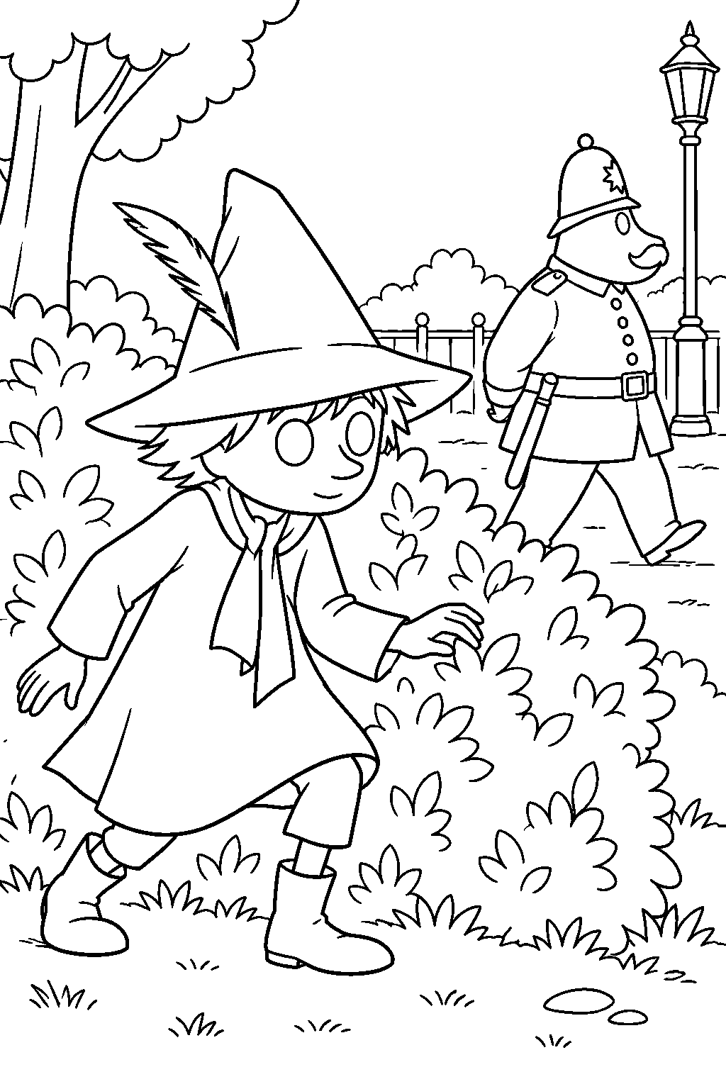snufkin sneaking past a park policeman behind a hedge line art