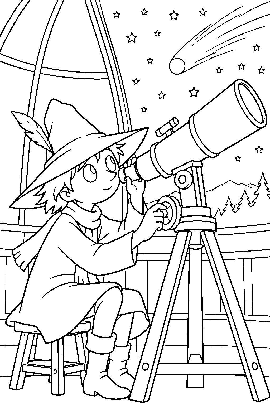 snufkin studying the approaching comet at the observatory line art