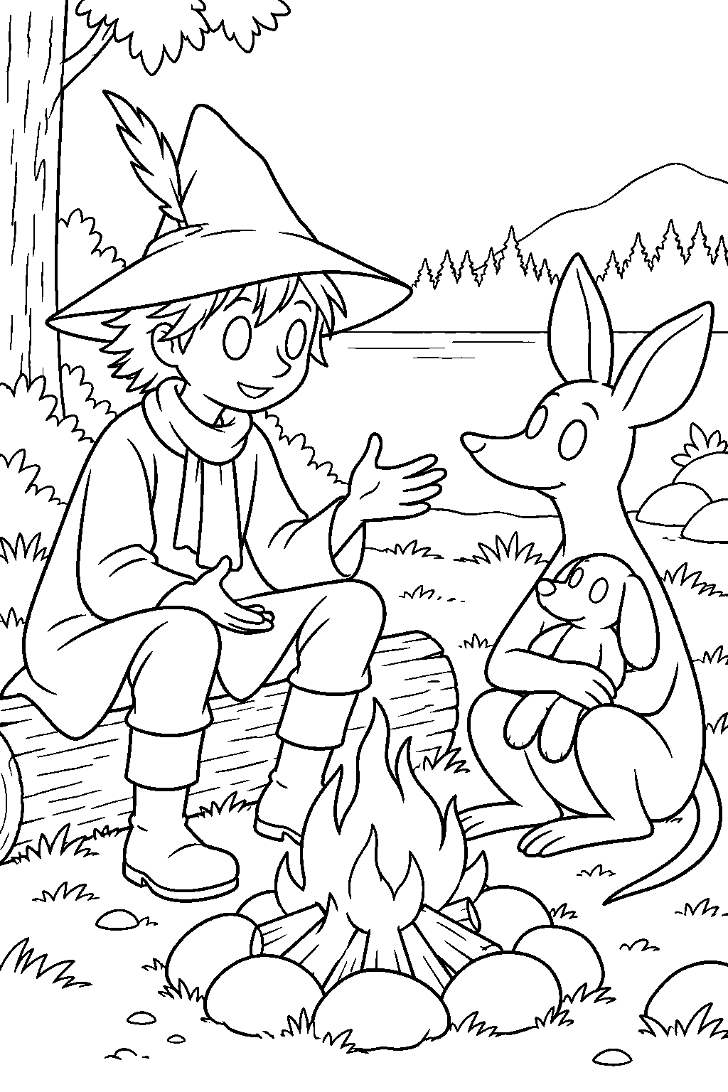 snufkin telling sniff the story of cedric beside the campfire line art