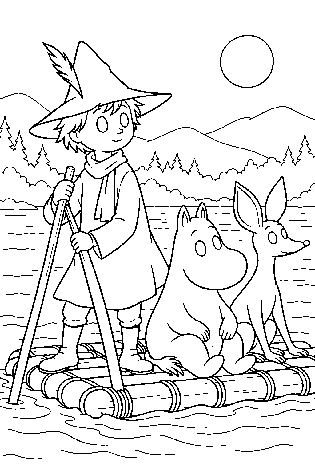snufkin traveling by raft with moomintroll and sniff line art