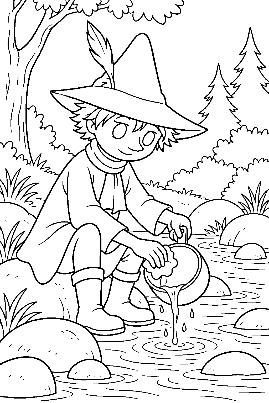 snufkin washing his saucepan in a forest brook line art