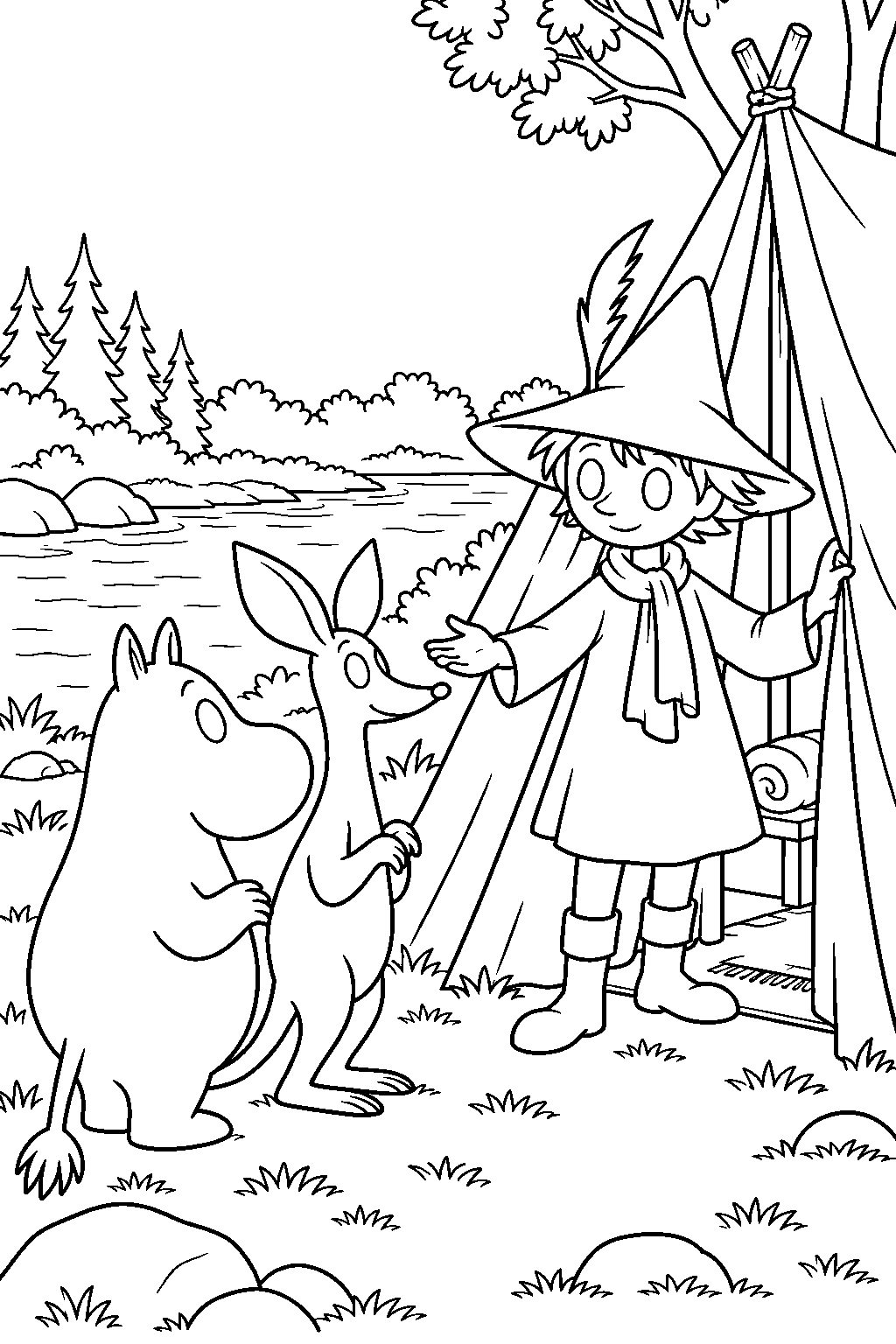 snufkin welcoming moomintroll and sniff to his riverside tent line art