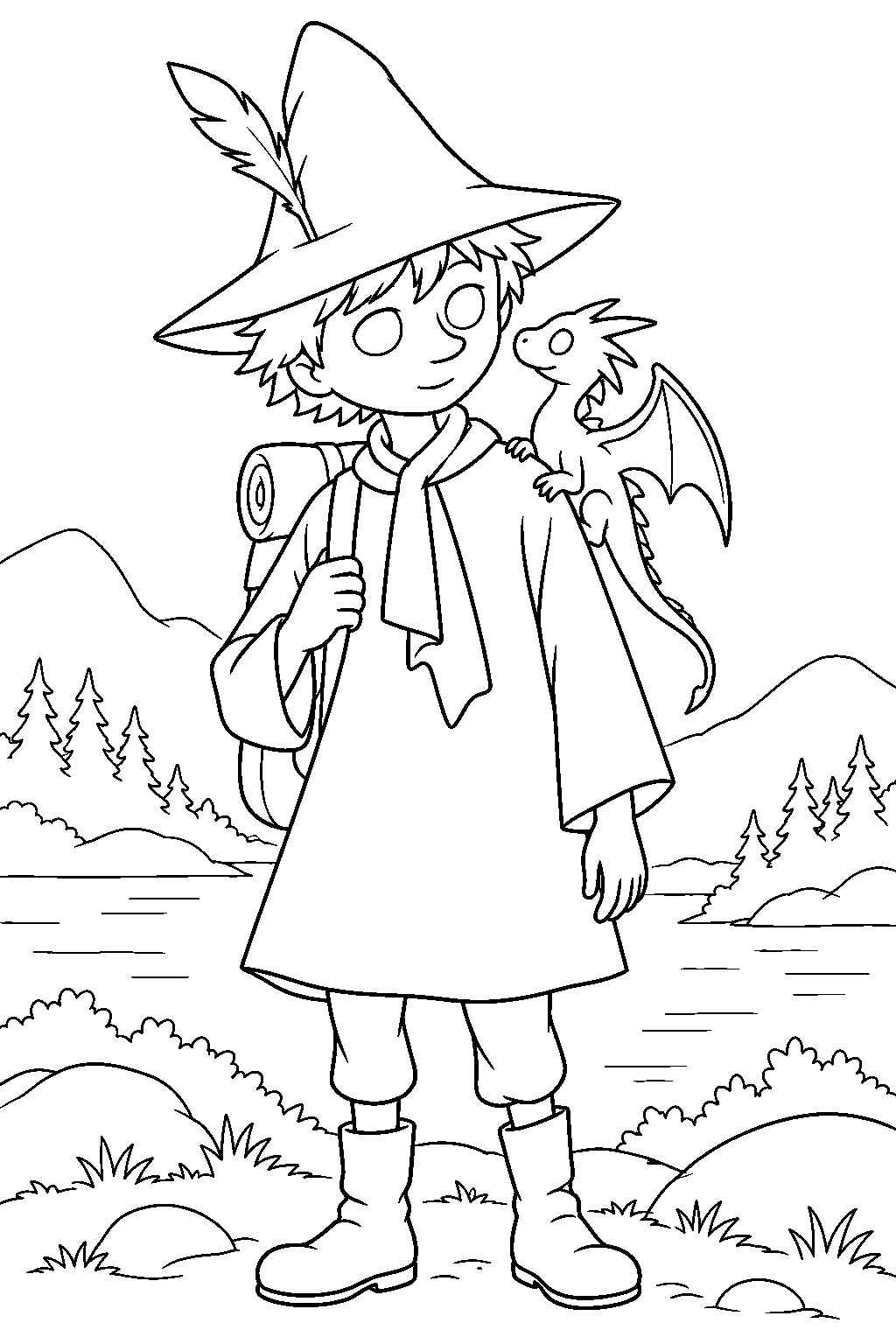 snufkin with the last little dragon perched on his shoulder line art