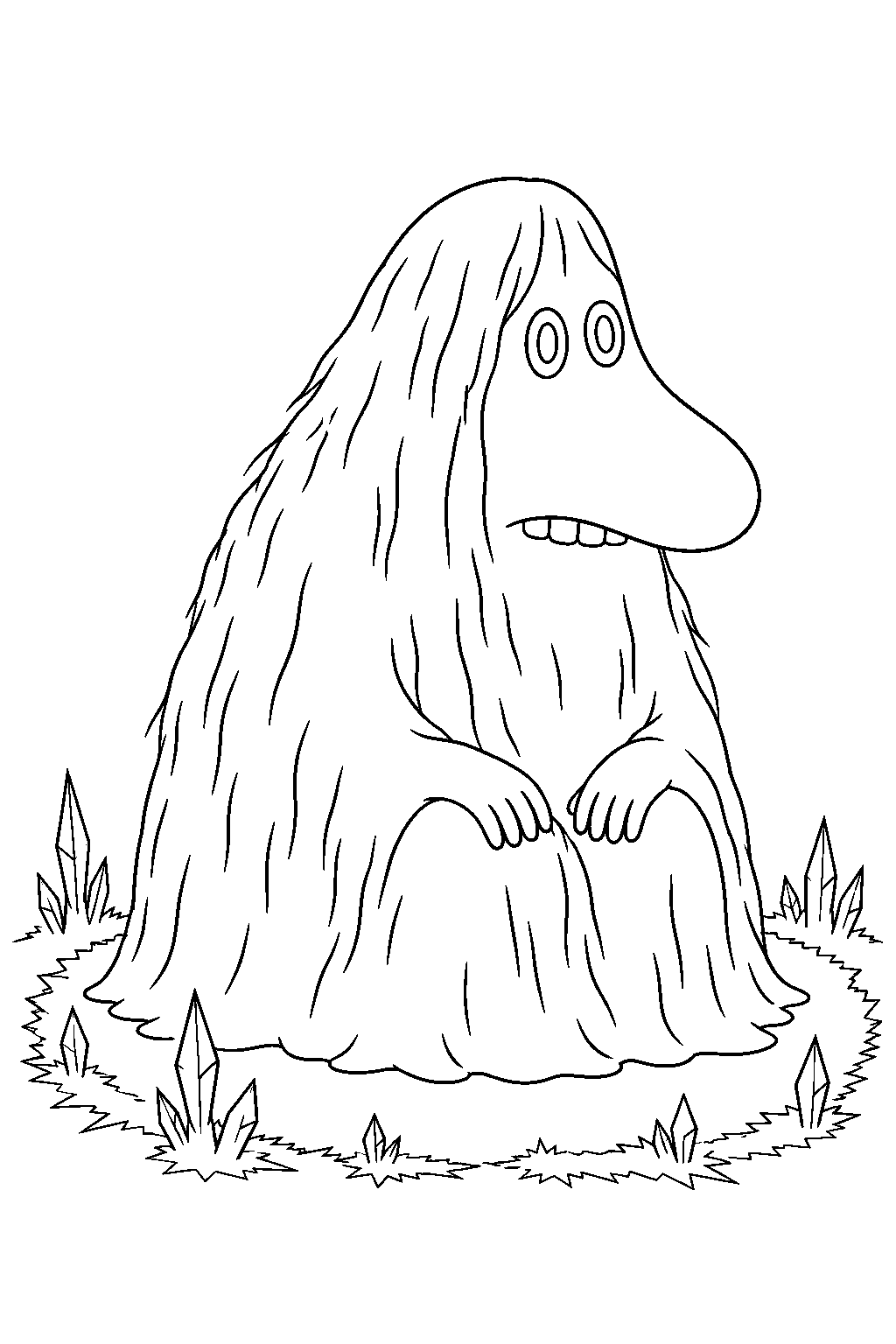 groke sitting in a circle of frost in moominvalley line art