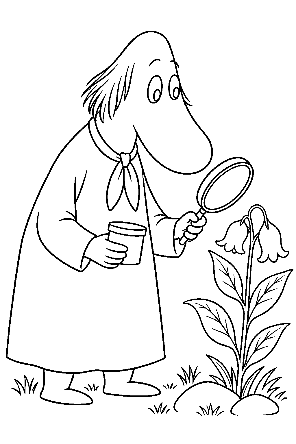 hemulen examining a rare plant with a magnifying glass line art