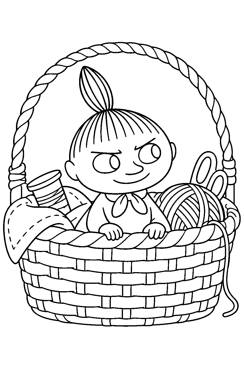 little my sitting in moominmamma s sewing basket line art