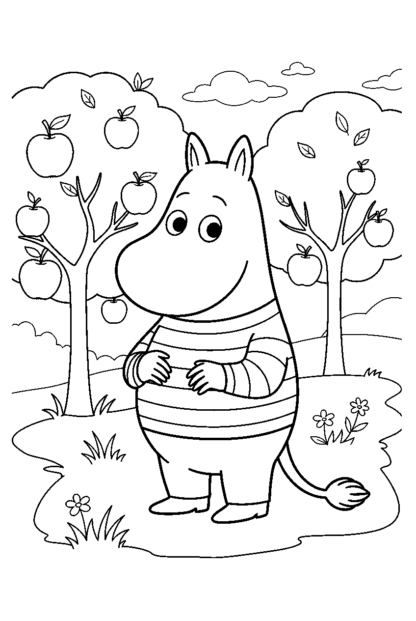 moomin in apple orchard line art