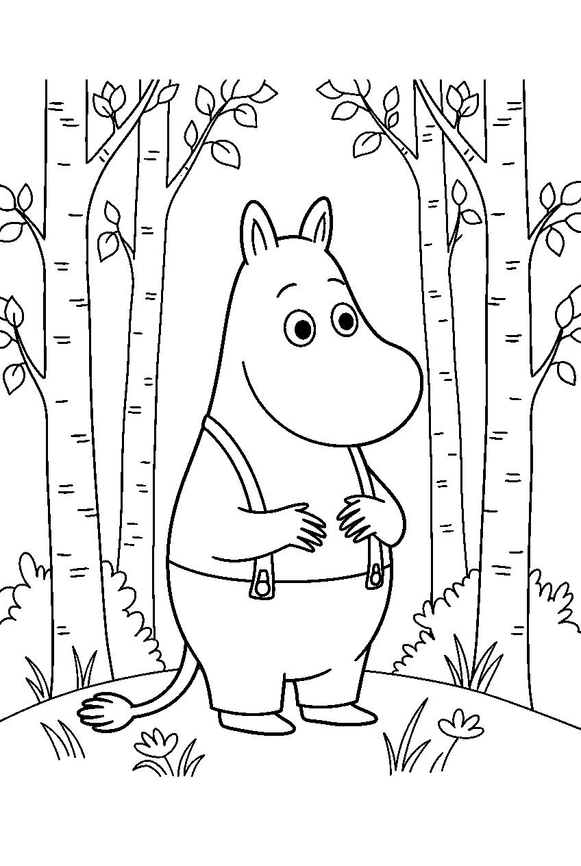 moomin in birch forest line art