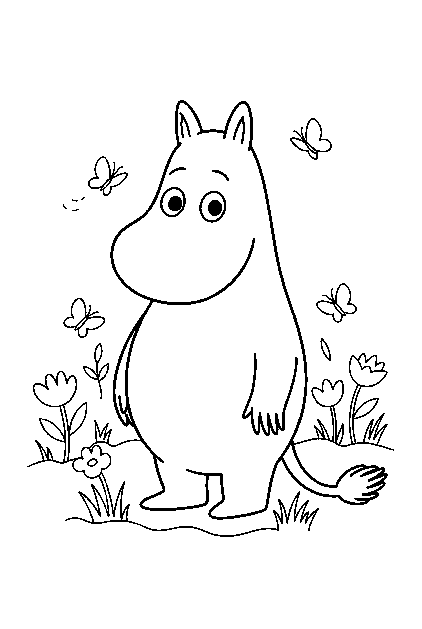 moomin in butterfly meadow line art