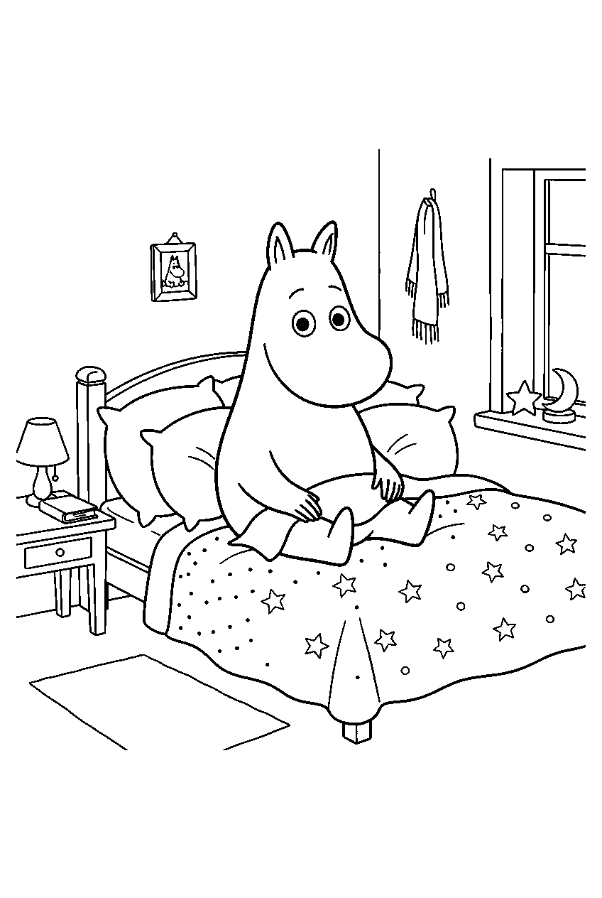 moomin in cozy bedroom line art