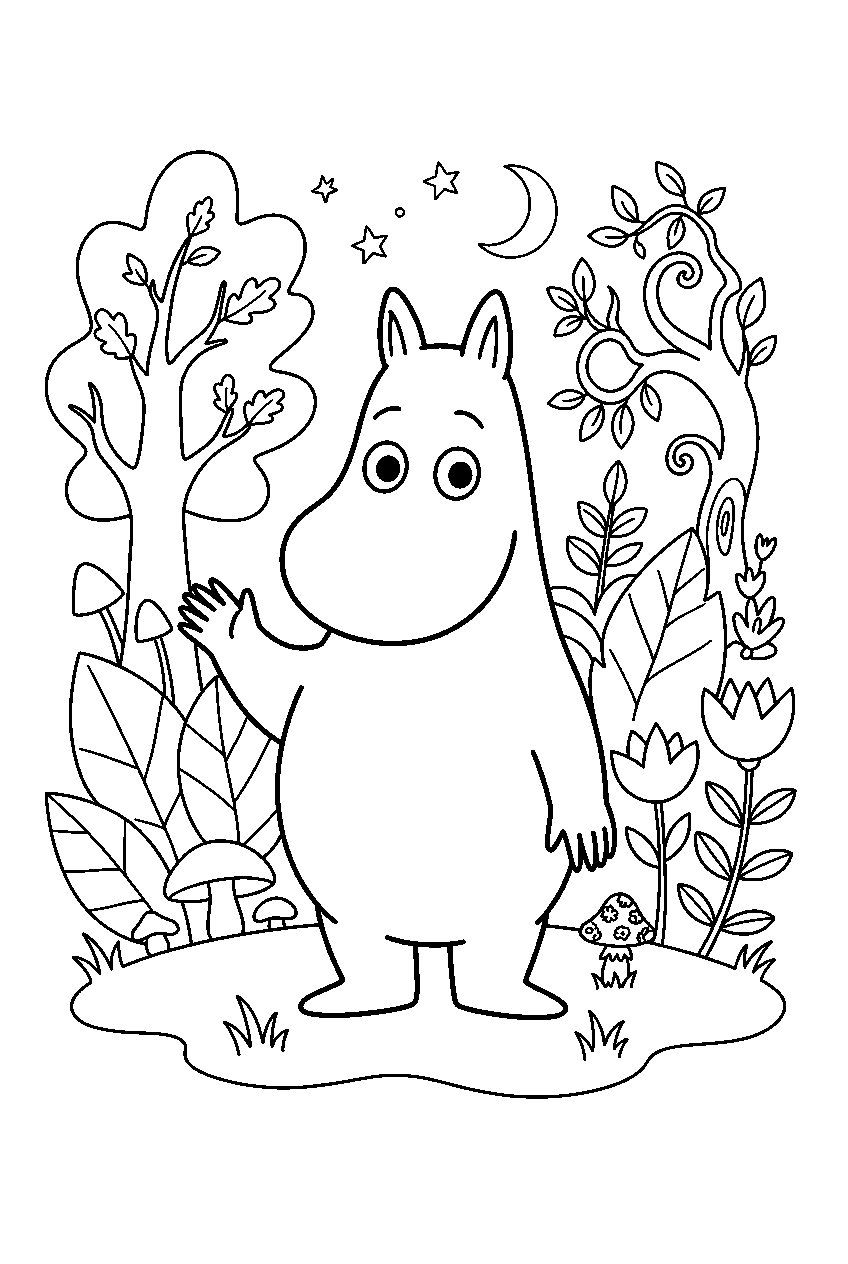moomin in enchanted forest line art