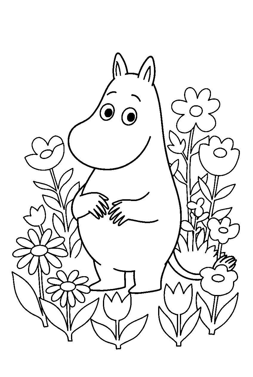 moomin in flower garden line art