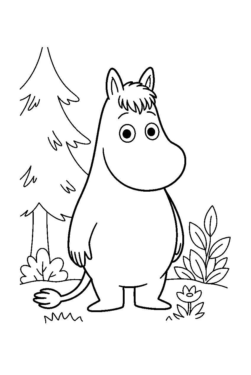 moomin in forest clearing line art