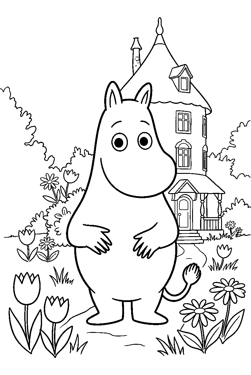 moomin in house garden line art