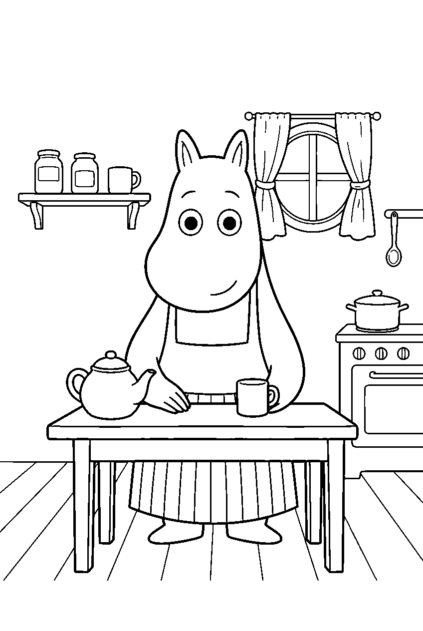 moomin in house kitchen line art