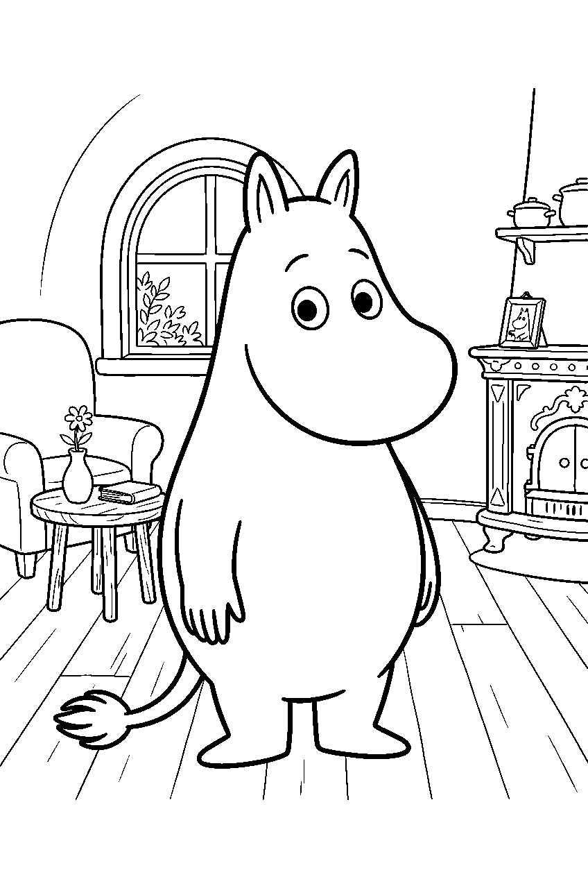 moomin in house living room line art