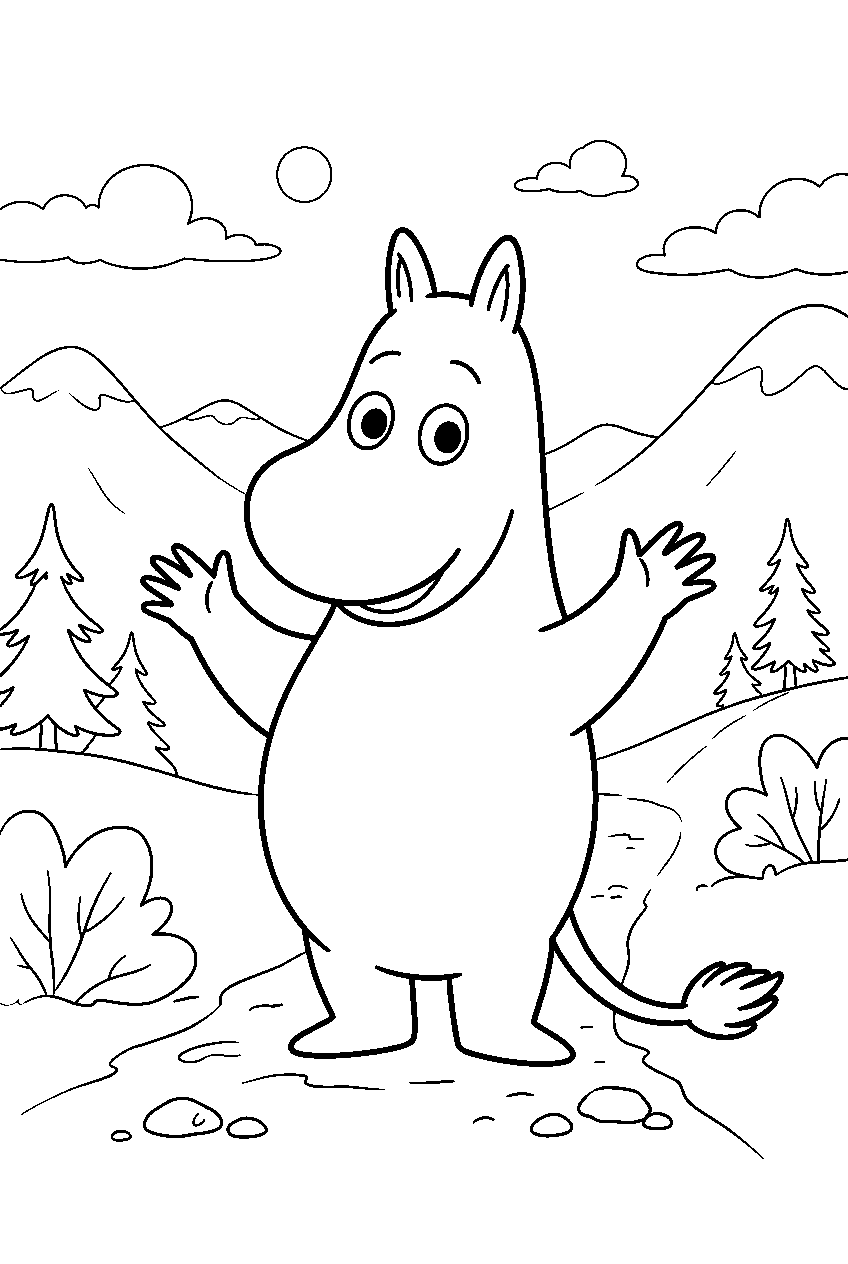 moomin in mountain valley line art