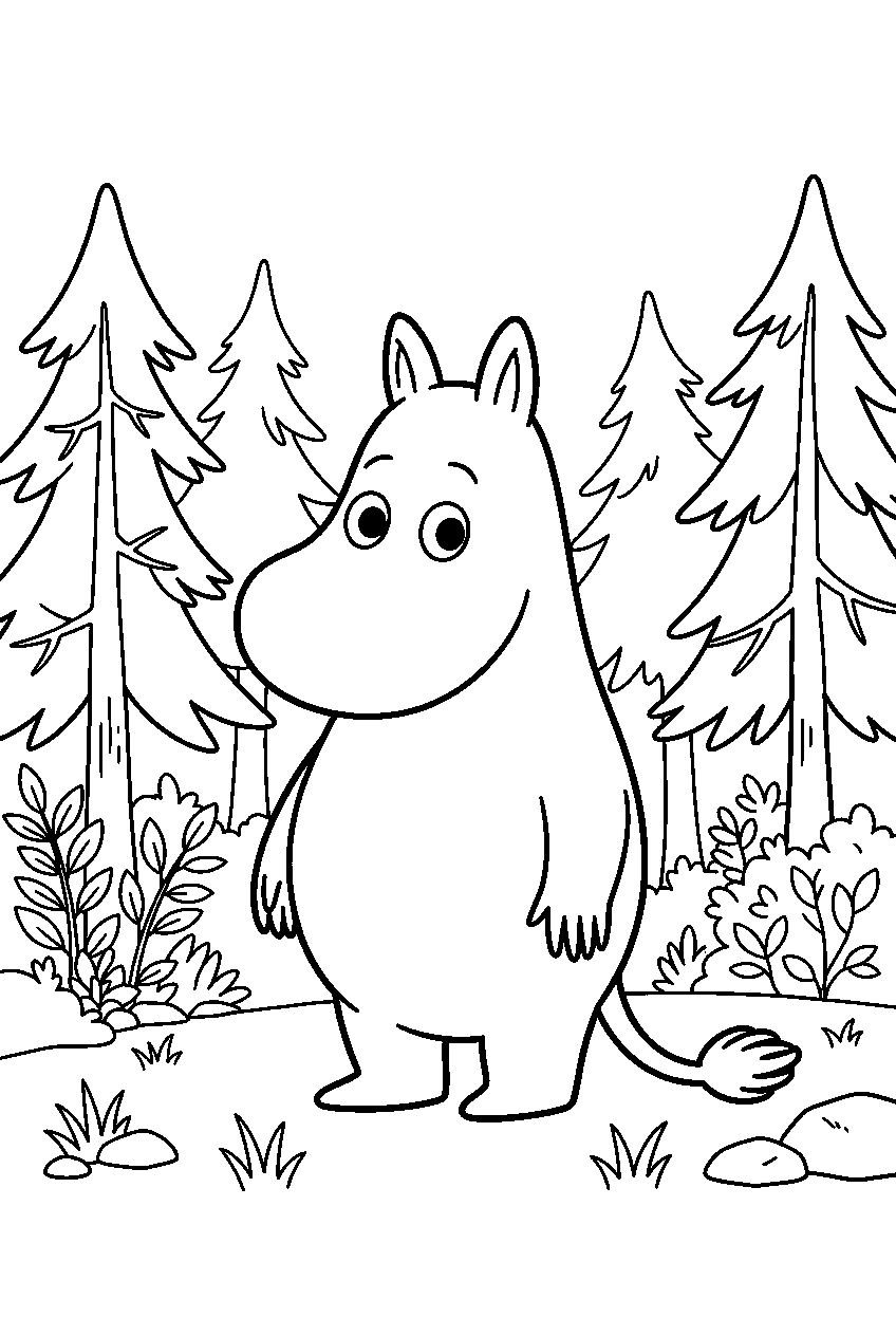 moomin in pine forest line art