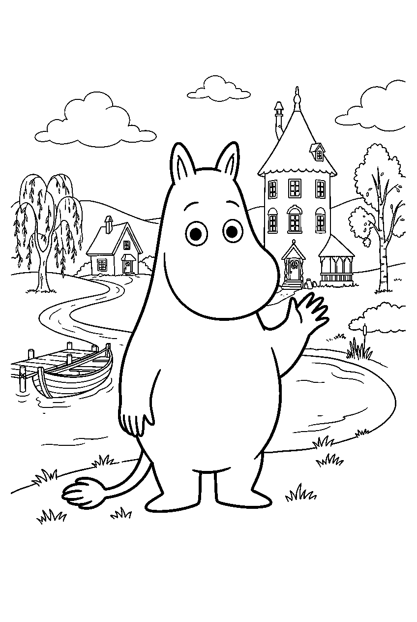 moomin in riverside village line art