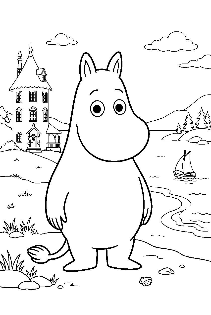 moomin in seaside village line art