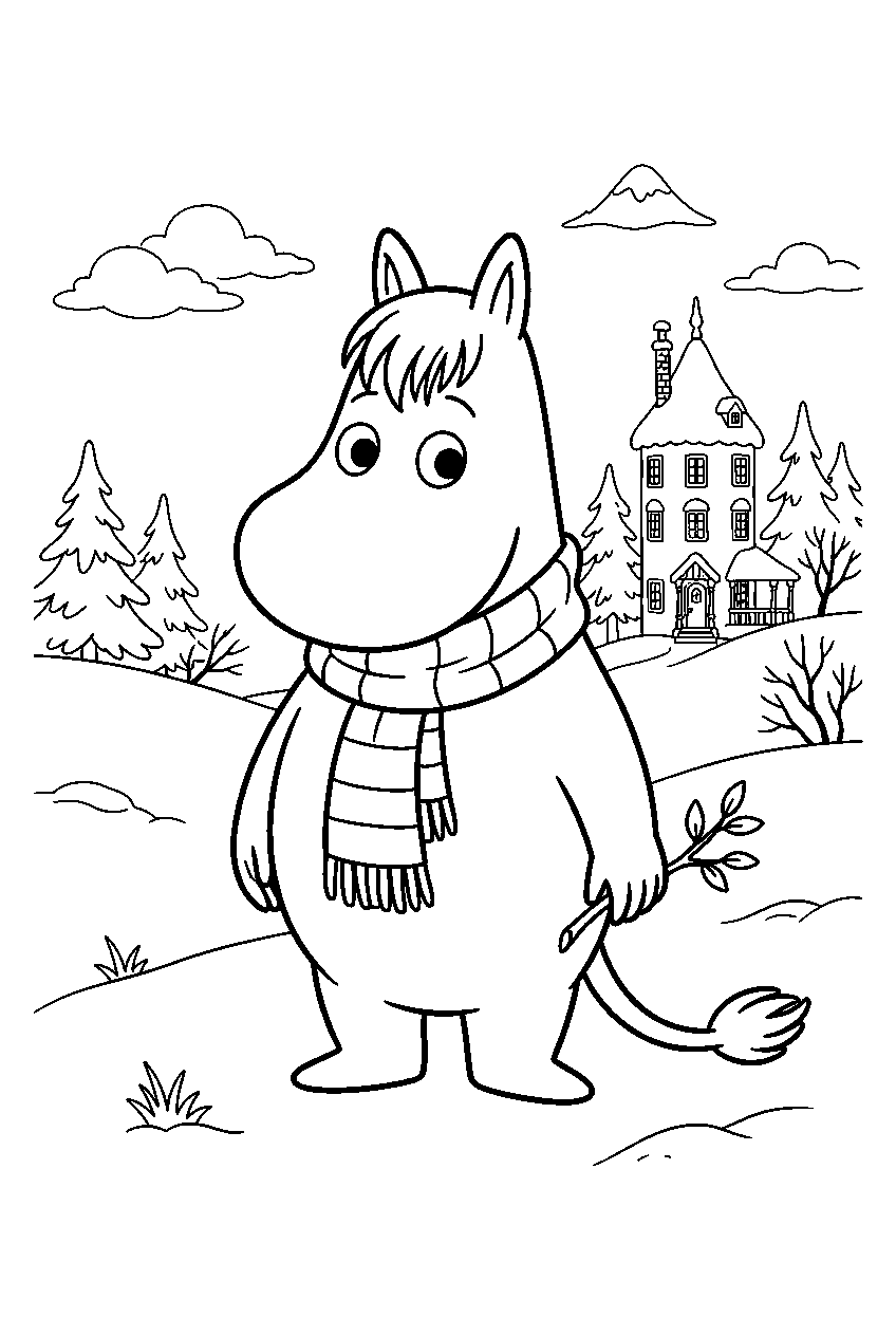 moomin in snowy valley line art