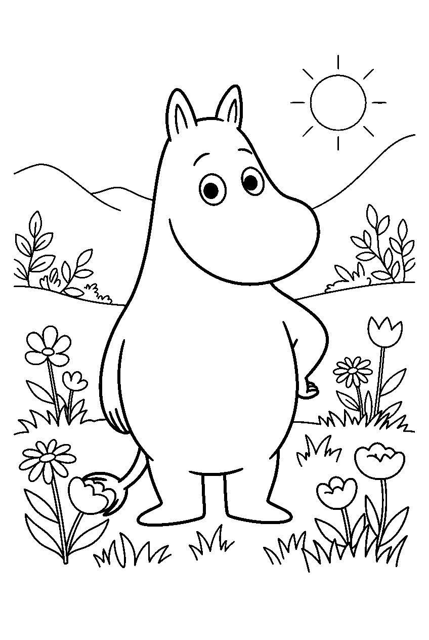 moomin in valley meadow line art